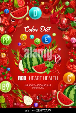 Dieta a colori cibo rosso alimentazione sana. Vettore naturale organico frutta tropicale, verdure e bacche con vitamine e minerali in rosso dieta per Illustrazione Vettoriale