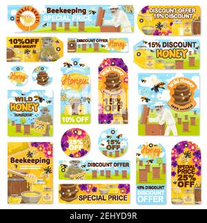 Azienda agricola di apiary di apiary di apiary di apiary di apiary di conservazione del miele etichette speciali di sconto di prezzo. Vettore apicoltore raccolta miele in favi da alveare e api su Illustrazione Vettoriale