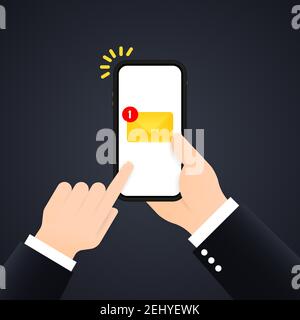 Nuova notifica e-mail sullo schermo del telefono cellulare e dello smartphone. La mano tiene un telefono cellulare con la busta sullo schermo. Vettore su sfondo isolato. EPS 1 Illustrazione Vettoriale