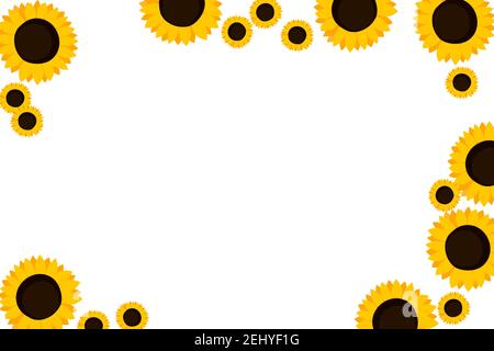 Cornice floreale con girasoli arancioni su sfondo bianco. Bordo ornato con fiori. Illustrazione vettoriale per sfondo, poster, cartoncino. Doodle Illustrazione Vettoriale
