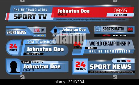 Sfondi per la traduzione di sport TV e scatole della barra del titolo. Vector sport news canale televisivo banner con nomi, World Championship Cup scorp Illustrazione Vettoriale