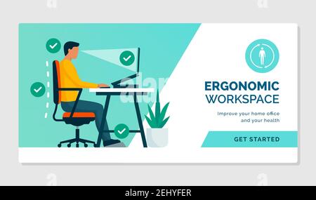 Area di lavoro ergonomica: Seduta alla scrivania con adeguata postura e attrezzature per ufficio Illustrazione Vettoriale