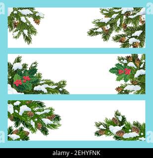 Banner vettore albero di Natale, neve e bacche agili. Rami verdi di pino, abete e abete rosso con coni di pino e neve. Biglietti d'auguri per le vacanze invernali con Illustrazione Vettoriale
