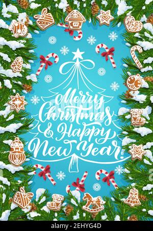 Buon biglietto d'auguri natalizio per le vacanze invernali con biscotti al pan di zenzero. Vector Xmas tree frame con motivo fiocchi di neve, pino e coni di abete in neve, gin Illustrazione Vettoriale