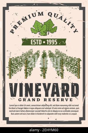 Casa vinicola e vino Grand Reserve poster vintage o etichetta bottiglia. Vector fabbrica di produzione di vino di qualità premium, vigneto con foglia d'uva e r Illustrazione Vettoriale