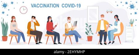 Concetto di vaccinazione delle persone in ospedale per proteggere contro il coronavirus. Uomini e donne in maschere in fila. Illustrazione vettoriale. Illustrazione Vettoriale