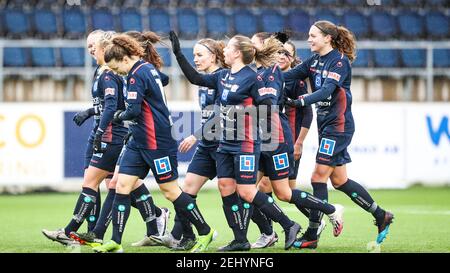 Linkoping, Svezia. 20 Feb 2021. Linkoping festeggia l'obiettivo durante una partita amichevole preseason tra Linkoping e AIK a Linkoping Arena in Linkoping Credit: SPP Sport Press Photo. /Alamy Live News Foto Stock