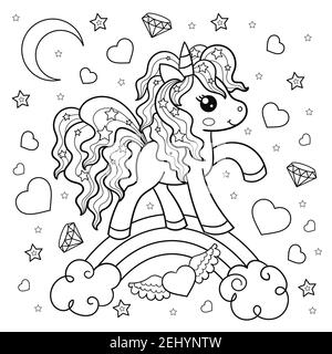 Carino unicorno cartoon. Disegno lineare in bianco e nero. Vettore Illustrazione Vettoriale