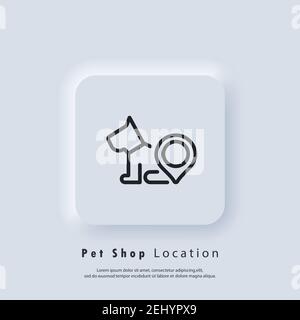 Centro per animali domestici, logo della clinica veterinaria. Icona della posizione del negozio di animali domestici. PET con posizione localizzata. Dog qui puntatore mappa. EPS vettoriale 10. Icona UI. UI UX neumorfa Illustrazione Vettoriale