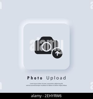 Icona Caricamento foto. Icone di immagini piatte. Caricamento del logo della foto. Segno della fotocamera. EPS vettoriale 10. Icona UI. Pulsante Web interfaccia utente bianca Neumorphic UI UX Illustrazione Vettoriale