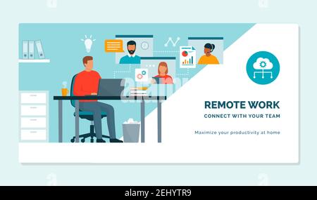 Uomo d'affari che lavora nel suo ufficio e ha una chiamata in conferenza online con il suo team remoto, il lavoro remoto e il concetto di team virtuale Illustrazione Vettoriale