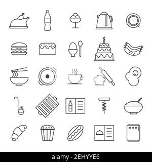 Set di cucina semplice, cibo nad bevande icone in stile di linea trendy isolato su sfondo bianco per applicazioni web e concetto mobile. Illustrazione vettoriale Illustrazione Vettoriale