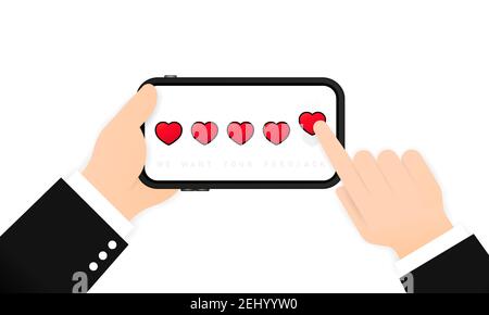 Tenere il telefono con la mano e fornire cinque cardiofrequenzacma. Revisione. Desideriamo la tua illustrazione del feedback. Concetto di feedback positivo. EPS vettoriale 10. Isolato su WI Illustrazione Vettoriale