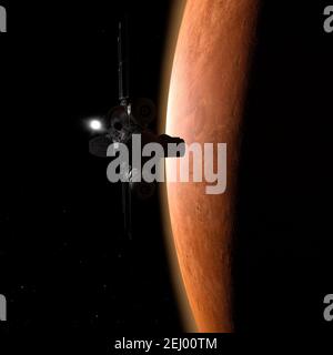 Astronave vicino a Marte il pianeta rosso del sistema solare nello spazio - rendering 3d Foto Stock