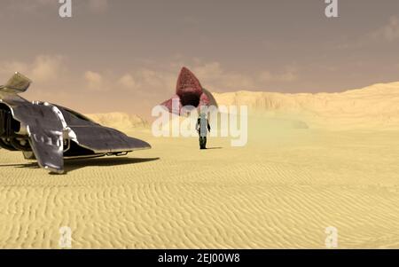 Viaggiatori spaziali che esplorano un nuovo pianeta e si affacciano su un alieno animale - rendering 3d Foto Stock