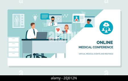 Dottore partecipando a una conferenza medica virtuale e parlando con gli esperti sanitari, stanno condividendo le cartelle cliniche e discutendo insieme, la telesanità Illustrazione Vettoriale
