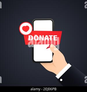 Donare denaro tramite pagamenti online consept. Applicazione mobile per Donazioni per il recupero. Mano con denaro sullo schermo del telefono. Pulsante Dona. Modalità Illustrazione Vettoriale