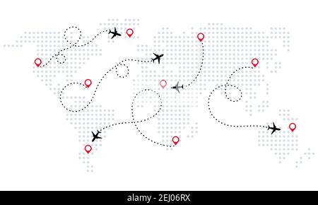 L'aereo è in linea tratteggiata. Mappa del mondo. Mappa del mondo dei piani di viaggio dei percorsi aerei aerei. Turismo e viaggi. Illustrazione vettoriale in stile piatto. Illustrazione Vettoriale