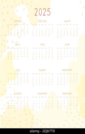 2025 set di calendario per pianificatore personale e notebook. Punti e punti astratti disegnati a mano di giallo caldo, delicato stile tenero. La settimana inizia la domenica Illustrazione Vettoriale