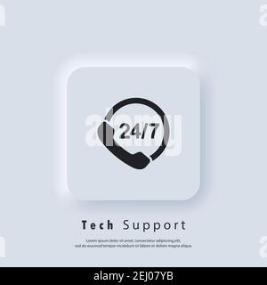 Logo del supporto. Assistenza per call center 24 7. Icona Service 24 7. Vettore. Icona UI. Pulsante Web interfaccia utente bianca Neumorphic UI UX. Neumorfismo Illustrazione Vettoriale