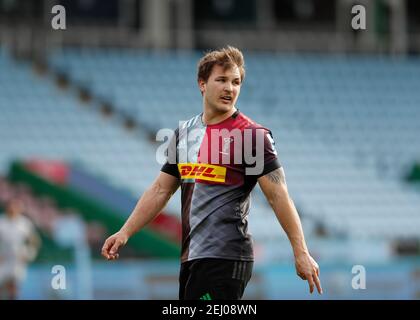 Twickenham Stoop, Londra, Regno Unito. 20 Feb 2021. Inglese Premiership Rugby, Harlequins contro squali di vendita; Andre Esterhuizen di Harlequins Credit: Action Plus Sport/Alamy Live News Foto Stock