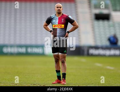 Twickenham Stoop, Londra, Regno Unito. 20 Feb 2021. Inglese Premiership Rugby, Harlequins contro squali di vendita; Aaron Morris di Harlequins Credit: Action Plus Sport/Alamy Live News Foto Stock