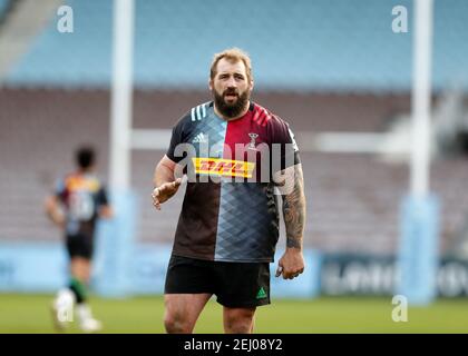 Twickenham Stoop, Londra, Regno Unito. 20 Feb 2021. Inglese Premiership Rugby, Harlequins contro squali di vendita; Joe Marler di Harlequins Credit: Action Plus Sport/Alamy Live News Foto Stock