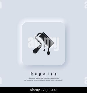 Logo delle riparazioni. Rullo di vernice con gocce. Icona riparazioni. Icone dei rulli di verniciatura. Vettore. Icona UI. Pulsante Web interfaccia utente bianca Neumorphic UI UX. Neumorfi Illustrazione Vettoriale