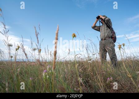 Jeff Fields, Program Manager della Zumwalt Prairie Preserve di TNC, che guarda alla prateria, Oregon. Foto Stock