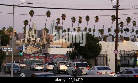 LOS ANGELES, CALIFORNIA, USA - 30 OTT 2019: Skyline urbano e palme. L'estetica notturna DI LA City, pittura di graffiti su Vermont Street. Grattacielo alto Foto Stock