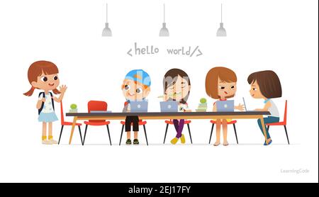 Nuovo allievo che saluta i compagni seduti al tavolo. Felici i bambini afro-americani seduti a computer portatili e che imparano a programmare durante la lezione scolastica Illustrazione Vettoriale
