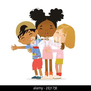 Felici bambini multietnici e multietnici si abbracciano l'un l'altro. Illustrazione Vettoriale