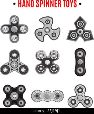 Rotazione fidget mano spinner alleviare lo stress e aumentare la concentrazione giocattoli icone nere raccolta illustrazione vettoriale isolata Illustrazione Vettoriale