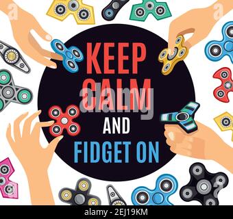 Poster pubblicitario con rilievo per lo stress del giradisore con modelli di giocattoli a rotazione sfondo e mantenere la calma scritta centrale illustrazione vettoriale Illustrazione Vettoriale