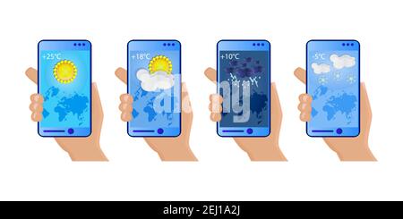 Set di mani che tengono lo smartphone con applicazione meteo, nuvoloso, piovoso, nevoso e soleggiato giorno. Touchscreen con diverse stagioni, temperatura e mappa. Vettore Illustrazione Vettoriale