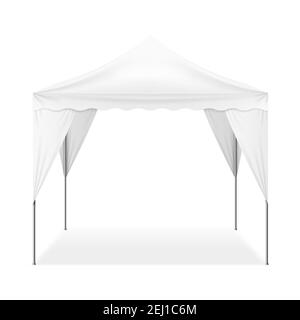 Tenda da esterno pieghevole e realistica di forma quadrata con pali in metallo isolato su sfondo bianco immagine vettoriale 3d Illustrazione Vettoriale