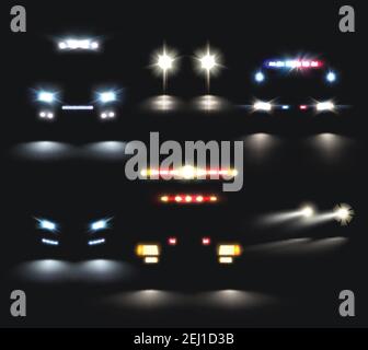 Set di luci per auto con immagini realistiche di fari e barre luminose e composizioni di sagome di auto illustrazione vettoriale Illustrazione Vettoriale