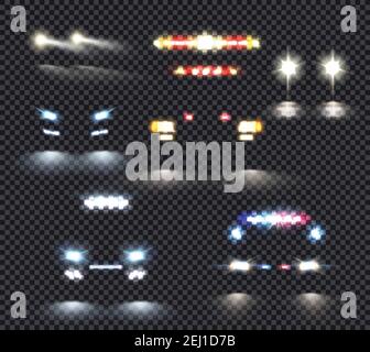 Luci per auto realistico trasparente insieme di cinque immagini isolate con figura vettoriale delle sagome dei veicoli speciali e delle luci dei fari Illustrazione Vettoriale