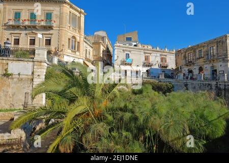 SIRACUSA, ITALIA - JENARY 03: Fontana dell'Aretusa e architettura barocca nel centro storico di Ortigia, Sicilia. Girato nel 2015 Foto Stock