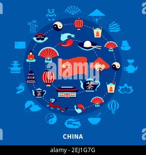 Viaggio in cina insieme con bandiera cinese tradizionale cibo e. simboli su sfondo blu immagine vettoriale piatta Illustrazione Vettoriale