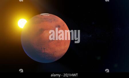 Pianeta Marte con il sole sullo sfondo dello spazio con stelle luminose della Via Lattea. illustrazione 3d Foto Stock