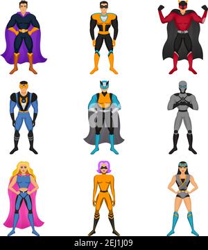 Cartoon personaggi maschili e femminili vestiti in costume da supereroe mantello di capo e maschera colorato insieme immagine vettoriale isolato Illustrazione Vettoriale