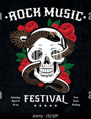 Poster del festival di musica rock con serpente in cranio, rose rosse con foglie su sfondo nero illustrazione vettoriale Illustrazione Vettoriale
