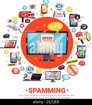 Mail spamming concetto di design rotondo con computer busta con spam robot documenti inviare malware decorative icone cartoni animati vettore illustrazione Illustrazione Vettoriale