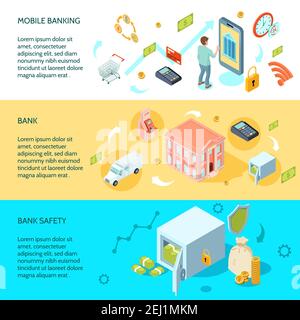 Banca set di banner isometrici orizzontali con servizio online, sicurezza, costruzione di uffici, tecnologie elettroniche illustrazione vettoriale isolata Illustrazione Vettoriale