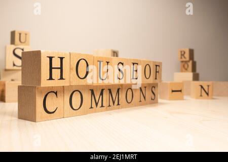 Casa di parole comuni da cubetti di legno. Condizioni di governo di stato di economia. Foto Stock