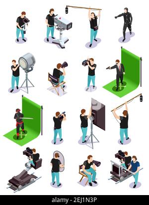 Composizione isometrica per cinematografia con gruppo di operatori e altre immagini cinematografiche illustrazione vettoriale isolata 3d persone Illustrazione Vettoriale