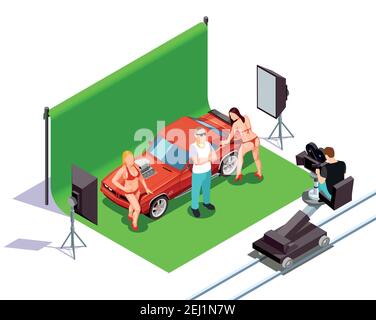 Scena di ripresa operator con uomo e due donne in bikini in piedi vicino a un'automobile rossa, illustrazione vettoriale isometrica 3d Illustrazione Vettoriale