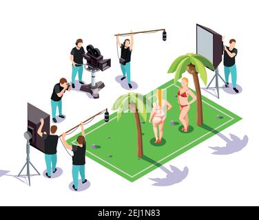 Composizione isometrica per cinematografia con gruppo di operatori che sparano due donne in bikini su sfondo con palme 3d illustrazione vettoriale Illustrazione Vettoriale