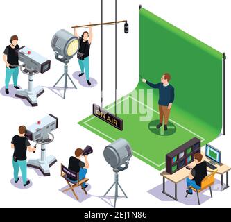 Gli operatori sparano l'attore su sfondo verde e il regista che fornisce le istruzioni composizione isometrica per cinematografia illustrazione vettoriale 3d Illustrazione Vettoriale